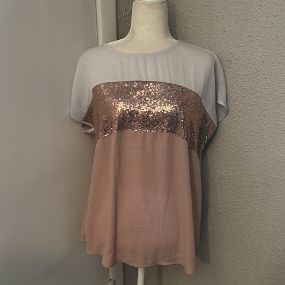 SHEIN Pink Sequin ColorBlock Glitter T-Shirt L Casual Twee Rainbowcore Festival